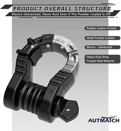AUTMATCH D Ring Shackles 34" Mega Shackle (2 Pack) 68,000Ibs Break Strength - Clevis Shackle 78" Screw Pin, D Shackle IsolatorWasher Kit for Tow Strap Winch Off Road Vehicle Recovery, Frosted Black