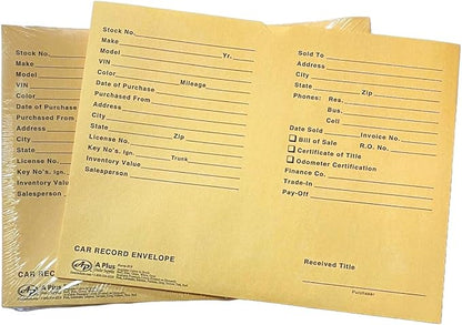A Plus Car Record Envelope 19 Vehicle Dealer Jackets, 100 Quantity, Buff (W3)
