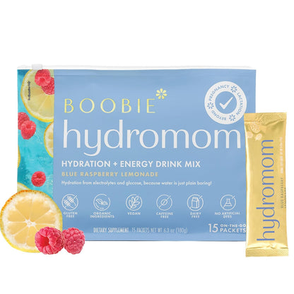Boobie Hydromom Superfood Electrolyte Drink Mix, Blue Raspberry Lemonade | Refreshing Energy & Hydration Boost for Mamas | On-The-Go & Travel Essentials for Pregnancy, Lactation, & Beyond, 15 Packets