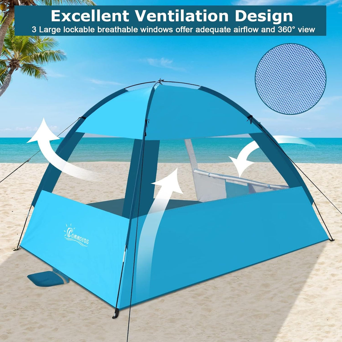 Beach Tent Sun Shade for 3/4-5/6-7/8-10 Person, UPF 50+ Beach Sun Shelter Canopy Tent, Lightweight, Easy Set Up and Carry (3 person)