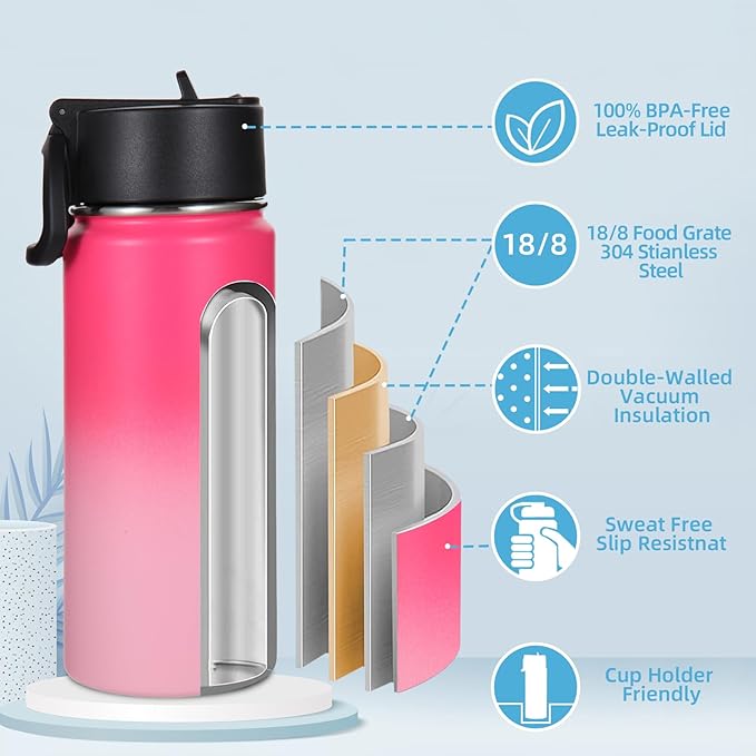 Volhoply Kids Insulated Water Bottle with Straw,16oz Stainless Steel Cold Water Bottles for School,BPA-Free Metal Wide Mouth Cups with Handle Lid,Reusable Double Wall Vacuum Sport Flask(Peach,1)