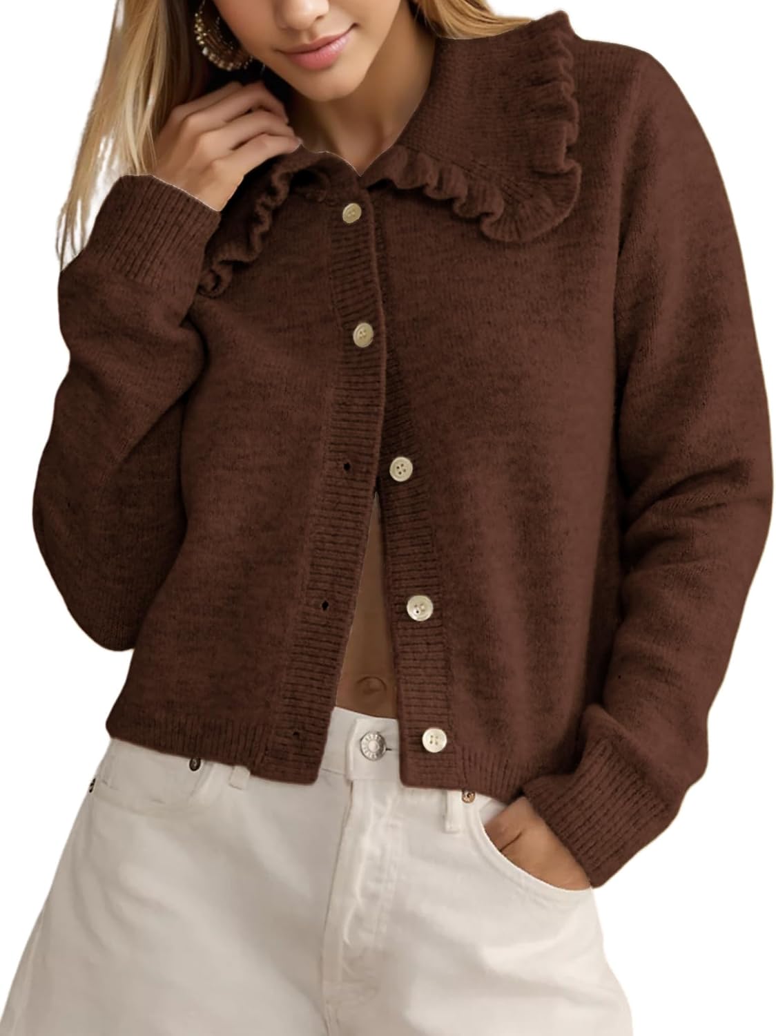 InterNos Womens Y2k Ruffled Collar Cardigan Sweaters Classic Button Down Long Sleeves Fall Sweater Crop Tops