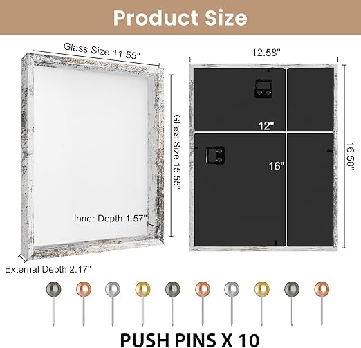 Califortree 12x16 Large Shadow Box Frame with Soft Linen Back - Metal Push Pins Included, Memory Shadow Box Display Case for Bouquet Awards Medals Wedding Photos and More, Rustic White