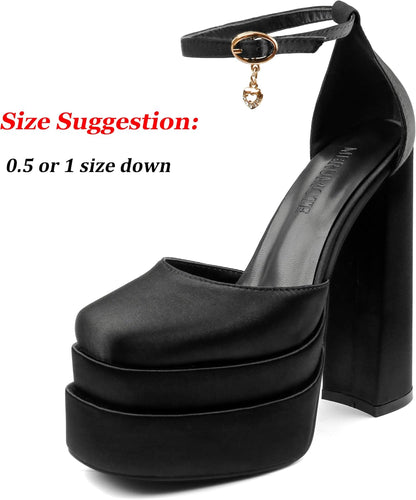 Women's Rhinestone Square Toe Chunky Block Heel Platform Pumps