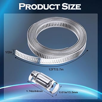 304 Stainless Steel Hose Clamp Assortment Kit,DIY 12FT Metal Strap  8 Stronger Fasteners,Adjustable Large Worm Gear Hose Clamps Screw Clamps for Pipe,Duct,Tube,and Fuel Line
