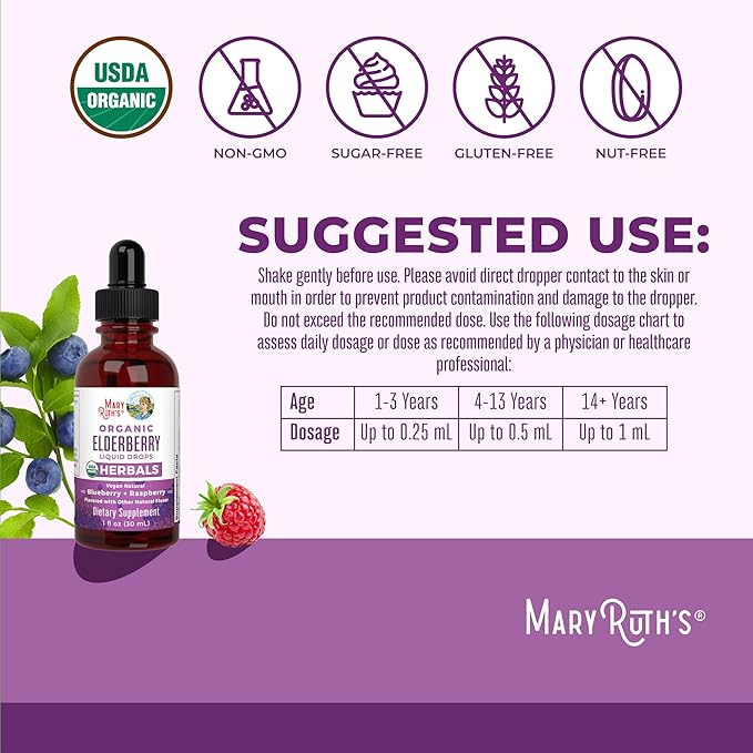 MaryRuth Organics Elderberry Syrup  USDA Organic  Sugar Free Immune Support Supplement for Adults  Kids, Ages 1  Vegan, Non-GMO, Immune Boosters, Clean Label Project Verified  1 Fl Oz