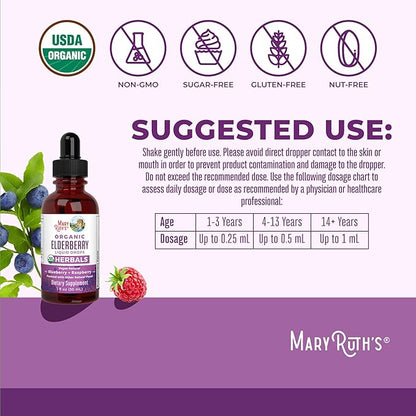MaryRuth Organics Elderberry Syrup  USDA Organic  Sugar Free Immune Support Supplement for Adults  Kids, Ages 1  Vegan, Non-GMO, Immune Boosters, Clean Label Project Verified  1 Fl Oz