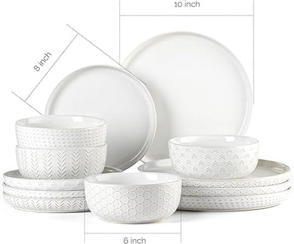 Lareina Plates and Bowls Sets, Dinnerware Sets 12 Piece Service for 4, Ceramic Dining Dinner Ware Service for 4, White