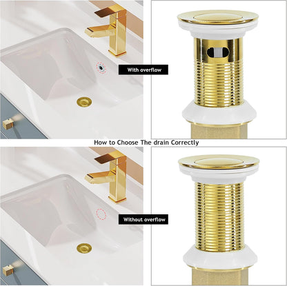 Bathroom Sink Drain,Drain Stopper Gold Stainless Steel Bathroom Sink with Overflow,Small Cap Pop Up Drain Assembly with Detachable Strainer Basket,Built-in Anti-Clogging