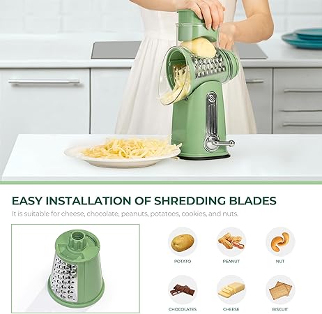 SUSTEAS Rotary Cheese Grater with Handle - Vegetable Shredder with 5 Well-designed Blades  Strong Suction Base,Round Mandoline Slicer  Food Chopper for Kitchen,with Blade Storage Box(Retro Green)