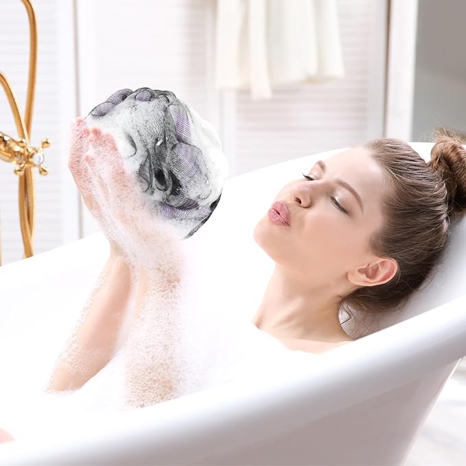 Bath Loofah Shower Sponge Body Back Scrubber Soft Mesh Shower Puffs Exfoliating Loofa for Women  Men Bath Accessories Cleaning Tool (Pack of 4 60G Loofah, Dark Elf)