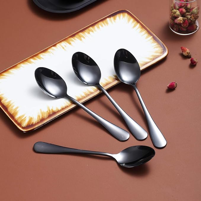 Black Teaspoons 6.5" Set of 4, Berglander Stainless Steel Titanium Plating Shiny Black Tea Spoons Silverware, Tea Spoon Small Dessert Spoon Teaspoon Sturdy And Easy To Clean Dishwasher Safe
