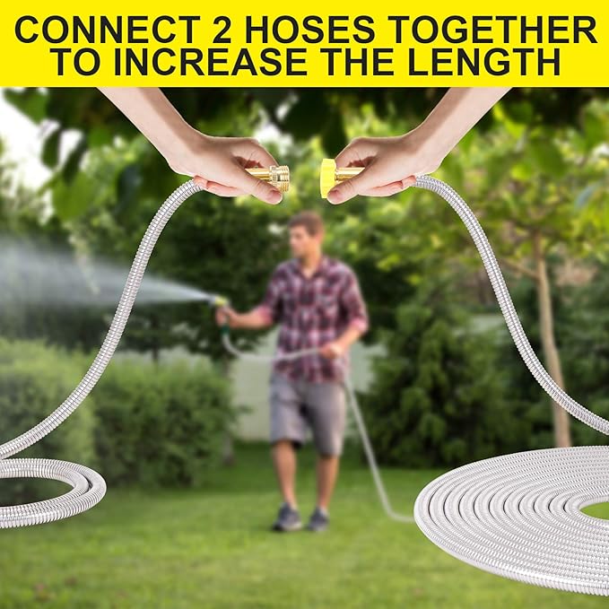 FOXEASE Metal Garden Hose 50FT - Stainless Steel Heavy Duty Water Hose with Metal Nozzle & 8 Function Sprayer, Portable & Lightweight Kink Free Yard Hose, Outdoor Hose