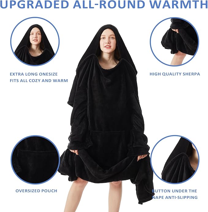 HOSUKKO Fleece blanket hoodie with Sleeves Pocket and Hat - Super Warm and Cozy Giant Blanket Hoodie - Thick Flannel Blanket - Black