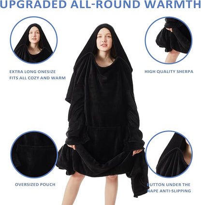 HOSUKKO Fleece blanket hoodie with Sleeves Pocket and Hat - Super Warm and Cozy Giant Blanket Hoodie - Thick Flannel Blanket - Black