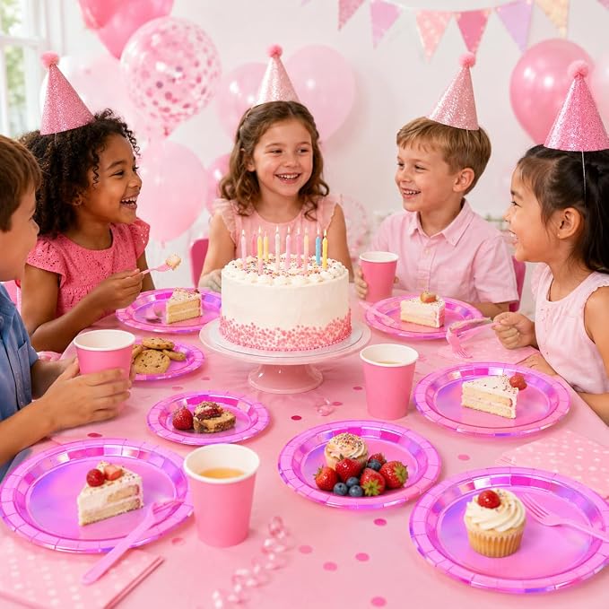 40PCS Hot Pink Birthday Plates, Holographic Iridescent Pink Party Plates Includes 20-9" & 20-7" Dinner Tableware for Birthday Disco Wedding Kpop Party