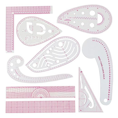 Fashion Clear Metric Sewing Ruler Set, French Curve Pattern Ruler Kit for Beginners Tailors Designers (A-9-Piece Set)