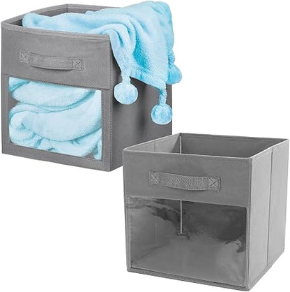 Foldable Storage Cubes Set of 2 Non-Woven Fabric Clothes Organizer with Handles Collapsible Storage Bins Clear Front Window Open-Top Storage Boxes for Shelf Closet(28  28  28cm,Grey)