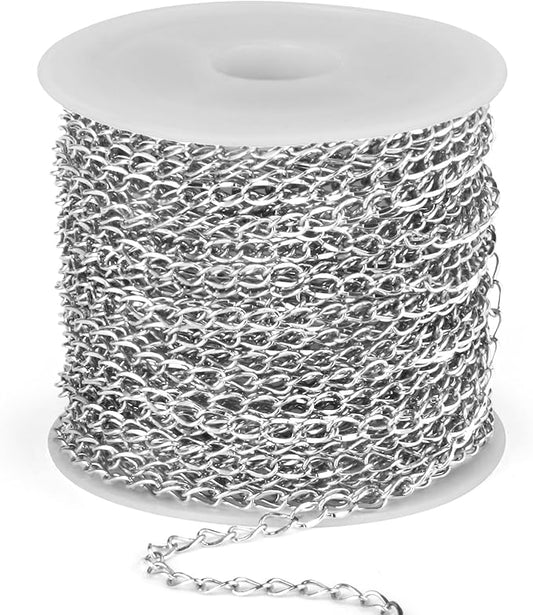 66 Feet Stainless Steel Twisted Link Chains Chains Roll, 2.7mm Width 304 Stainless Steel Flat Twisted Cable Link Chain Bulk Spool for Jewelry Making DIY Craft