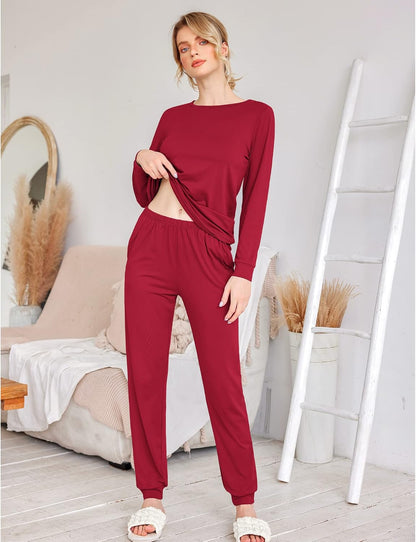 Womens Jogger Pajama Sets Long Sleeve Sleepwear Round Neck Nightwear Soft Pjs Lounge Sets with Pockets
