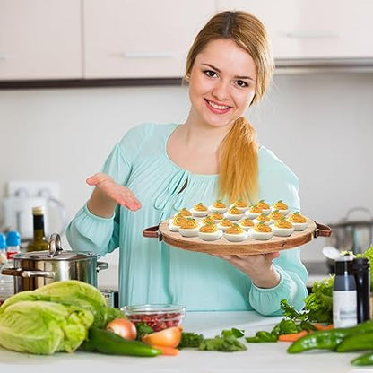 Hiceeden Acacia Wood Deviled Egg Platter with Handles, 24 Holes Round Deviled Egg Tray Container, Reversible Charcuterie Board Egg Plate Serving Tray for Countertop
