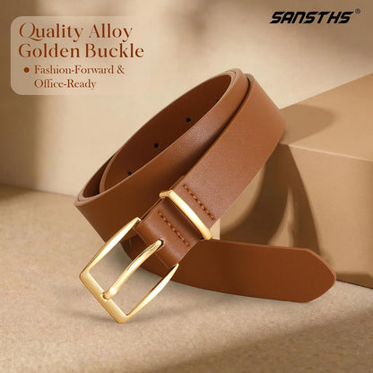Women Leather Belt with Fashion Gold Square Buckle, Adjustable Women Waist Belt for Jeans Pants Dresses Waist 41"