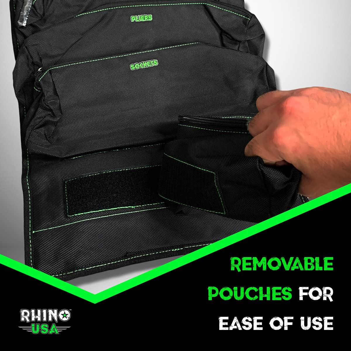 Rhino USA Tool Bag Roll - Heavy Duty Canvas Organizer for Tools Labeled & Removable Pouches for Ultimate Travel Tool Storage. For UTV, Car, Truck, 4x4 Offroad & Garage Use. Black
