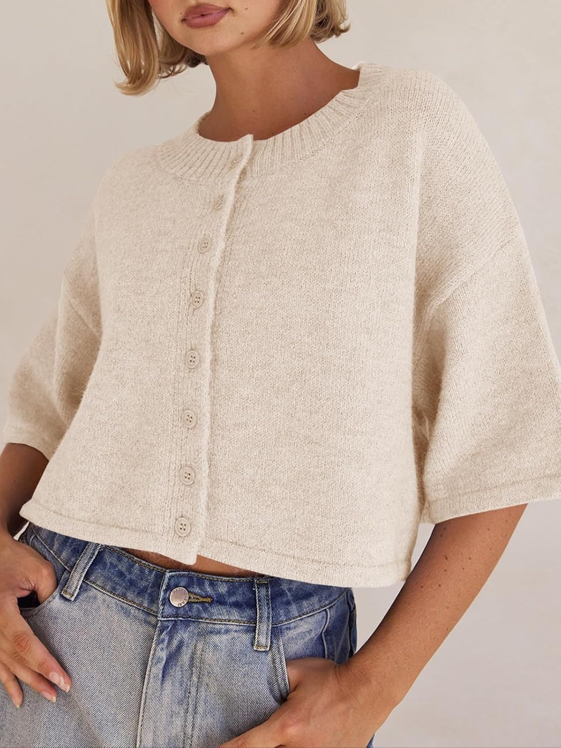 Womens 3/4 Sleeve Cardigan Sweater Button Down Cropped Crewneck Cardigan 2025 Fall Casual Knit Tops