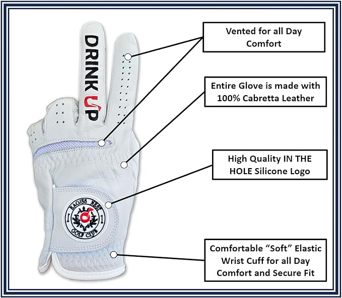 Drink Up Funny Golf Glove - Premium 100% Cabretta Leather Shocker Golf Gloves, Golf Attire and Essentials for Men, Fun Golfer Gag Gift, Adult Right or Left Hand, Small to XXL Sizes