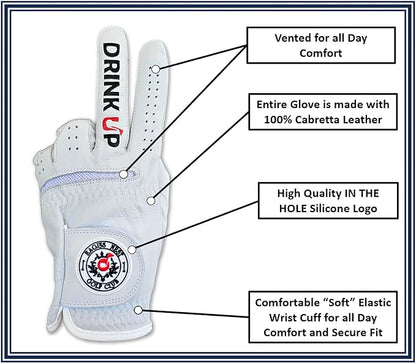 Drink Up Funny Golf Glove - Premium 100% Cabretta Leather Shocker Golf Gloves, Golf Attire and Essentials for Men, Fun Golfer Gag Gift, Adult Right or Left Hand, Small to XXL Sizes