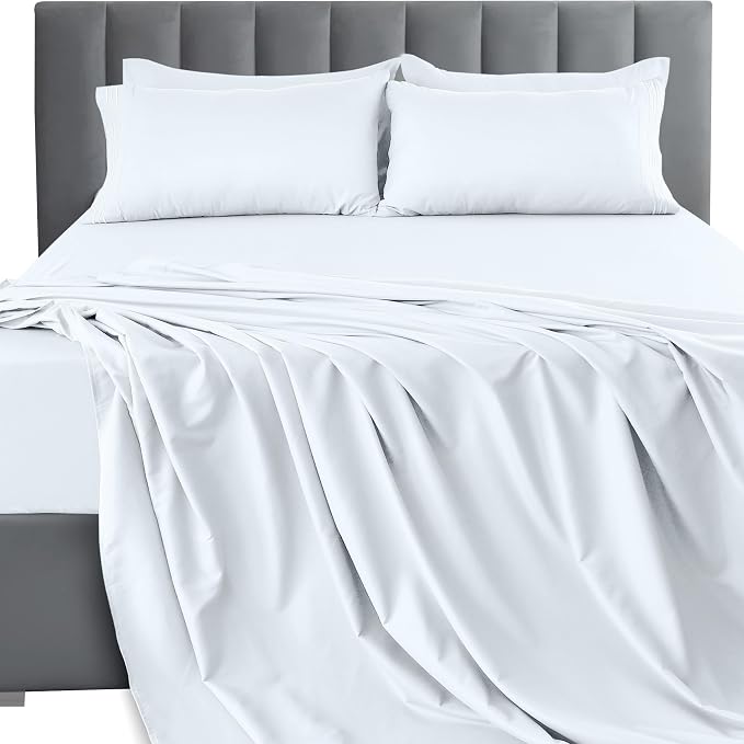 LUX Décor Queen Sheet Set - 4 Piece Ultra-Soft Microfiber Bed Sheets with Flat Sheet, 16 Inches Deep Pocket Fitted Sheet & 2 Pillowcases, Cooling & Breathable, Hotel Luxury, Oeko-TEX - White