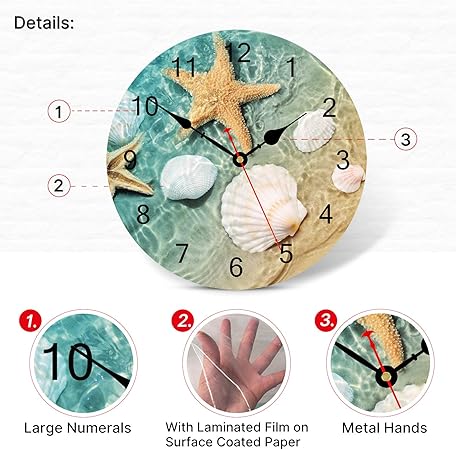TAHEAT Marine Seashell Starfish Wall Clock, Silent Non Ticking Decorative Clocks, Battery Operated Easy to Read Wall Clock for Home Office School, 14 Inch