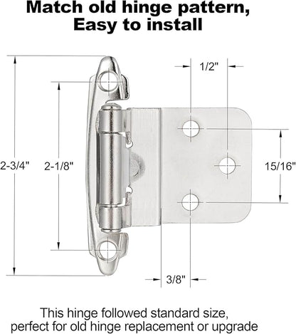 4 Pack (2 Pair) 38" Inset Brushed Satin Nickel Self Closing Cabinet Hinges for Offset Kitchen Cabinet Door, Face Frame Semi Concealed Kitchen Cabinet Hinges