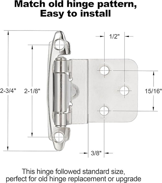4 Pack (2 Pair) 38" Inset Brushed Satin Nickel Self Closing Cabinet Hinges for Offset Kitchen Cabinet Door, Face Frame Semi Concealed Kitchen Cabinet Hinges