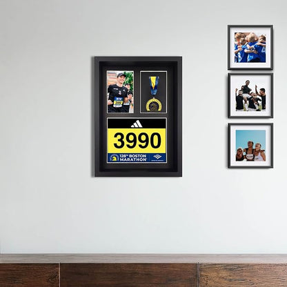 3-in-1 Shadow Box Display with Real Glass (Medal, Race Bibs, and Photo Display) – Marathon Medal Display and Frame, Triathlon & Running Bib Holder, Wall-Mounted, Real Tempered Glass - Black
