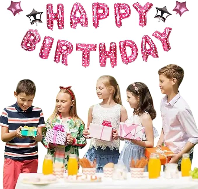 24PCS Pink Birthday Decorations, Cartoon Birthday Party Supplies, Happy Birthday Balloons Banner, Pink Theme Party Decor for Girls