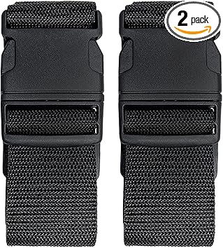 2 Pack Suitcase Belts, Adjustable Luggage Straps, Bright Colors Travel Packing Straps with Quick Release Buckle (Black)
