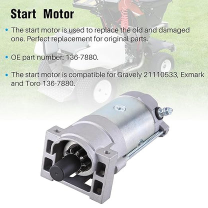 ikasus 136-7880 Starter Motor Compatible with Gravely 21110533, Exmark 127-9209  to-ro 133-1564,Fit for Gravely P-ro-Turn Models with Loncin 764cc Engine, Starter for RAS708GEM483C3 Radius S-Series