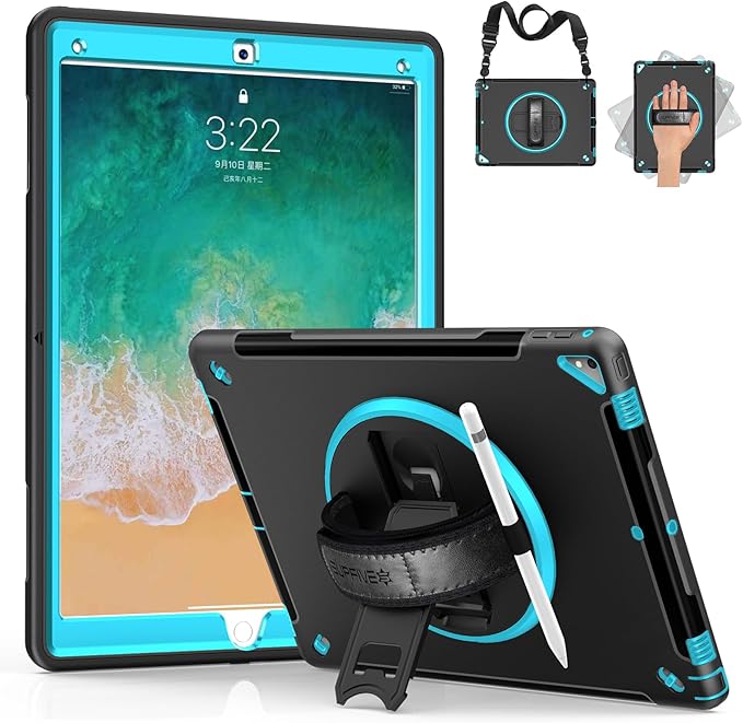 SUPFIVES Case iPad Pro 12.9 20152017: iPad 12.9 Inch 1st 2nd Generation Case Upgraded Military Grade Shockproof Silicone Protector with Pencil Holder Handle Shoulder Strap Rotating Stand, Green