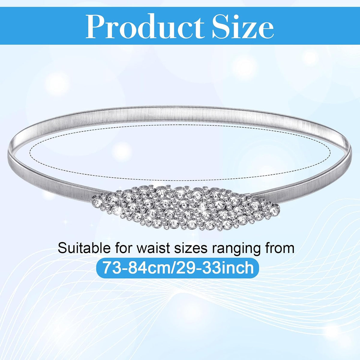 Rhinestone Belt for Formal Dress Silver Elastic Adjustable Thin Metal Belts, Skinny Ladies Belt for Women Dresses Wedding Party Formal Occasions(29–33 Inches)