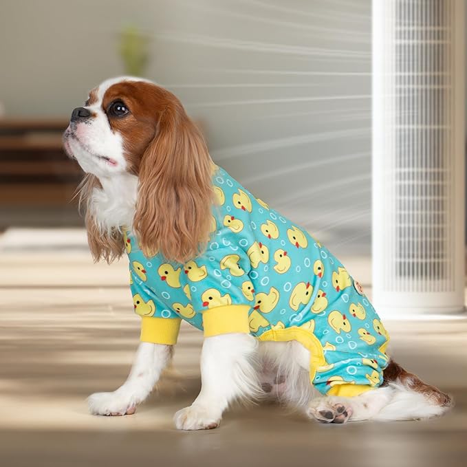 KYEESE Dog Pajamas Velvet Dog Pajamas Small Sized Dogs Soft Dogs Clothes Pet Coat Stretchy Doggie Pjs Pet Costume with Yellow Ducks Pattern Comfy Doggie Jammies Onesie, Medium