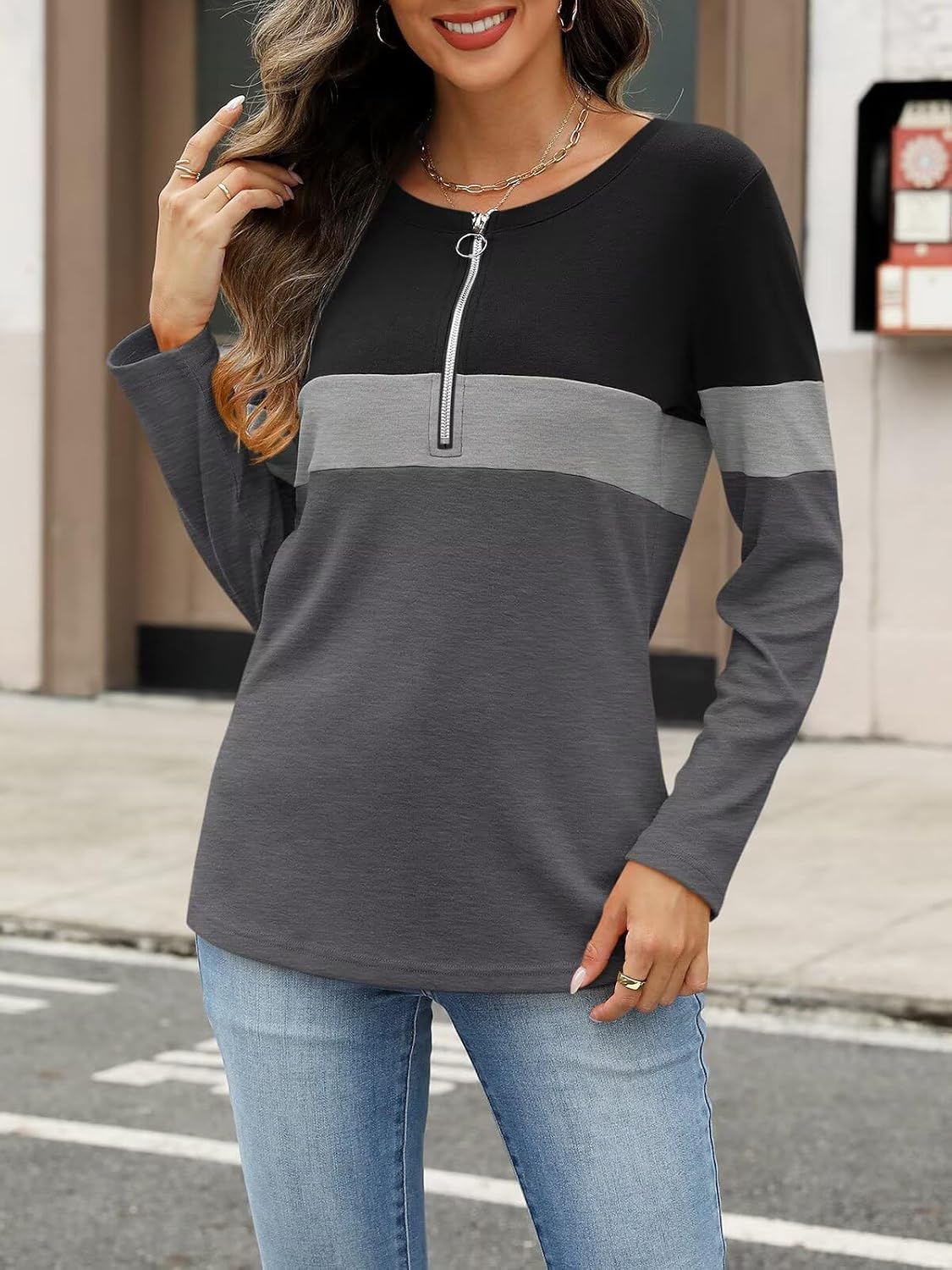 Women's Long Sleeve Shirts Fall Zipper Tops Tunics Ladies Casual Tees Blouses