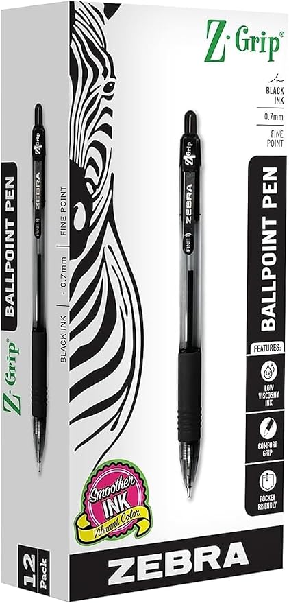 Zebra Pen Z-Grip Retractable Ballpoint Pen, Fine Point, 0.7mm, Black Ink, 12-Pack