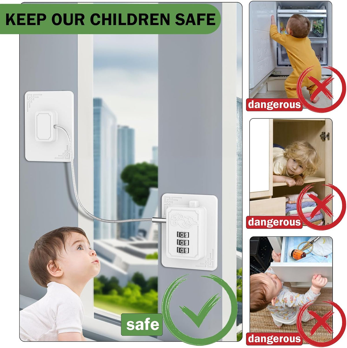 1Pack Refrigerator Locks with 3 Digit Code, Easy Install Fridge Lock Combination, Premium Freezer Lock, Child Proof Cabinet Locks for Refrigerators, Drawers, Closets, Windows (White)