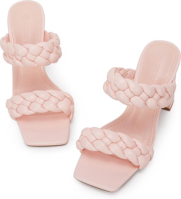 Syktkmx Women's Braided Heeled Sandals Backless Square Open Toe Block Slide Sandals