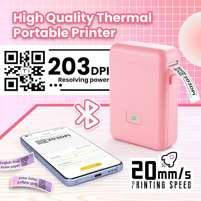vretti Label Maker Machine with Tape, HP2 Portable Bluetooth Label Printer for Storage, Shipping, Barcode, Office, Home, Organizing Mini Sticker Label Maker with Multiple Templates (Pink)