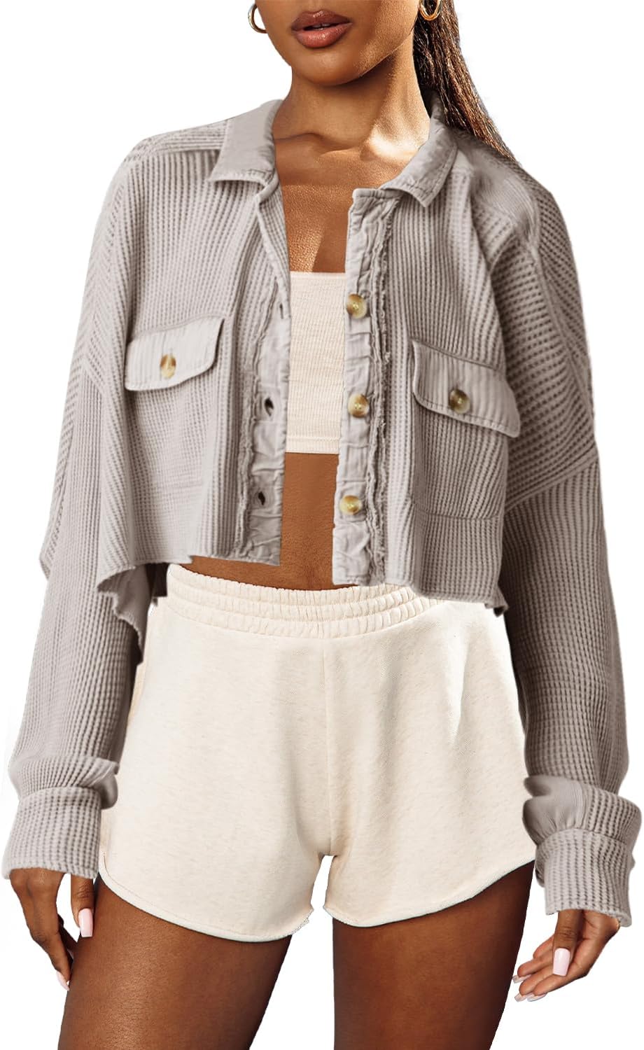 Women's Cropped Waffle Knit Shacket Short Button Down Jacket Batwing Sleeve Shirts with Pocket
