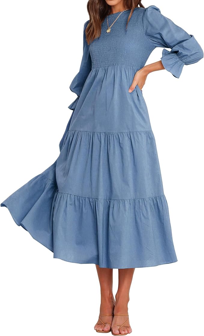 BTFBM Women Casual Long Sleeve Crew Neck Fall Dress Bohemian Relaxed Fit Floral Flowy Maxi Dresses Tiered Cocktail Dress