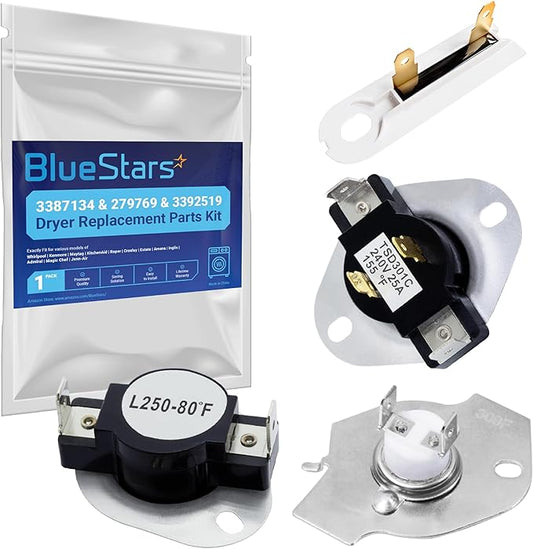 BlueStars 279769 Dryer Thermal Cut-Off Kit, 3387134 Thermostat and 3392519 Thermal Fuse - Compatible with Whirlpool Kenmore Maytag Dryers - Replaces 3977394 3390291 PS345113 AP6008325