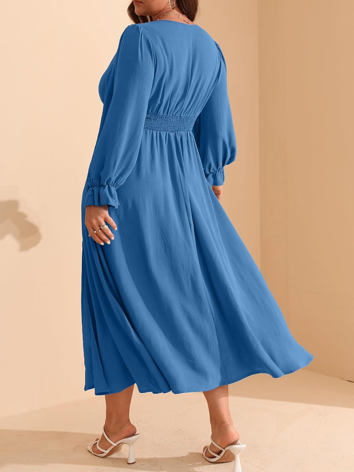 RWJ Plus Size Wedding Guest Dress for Women Deep V Neck Long Sleeve High Waist Slit Formal Cocktail Party Fall Maxi Dresses